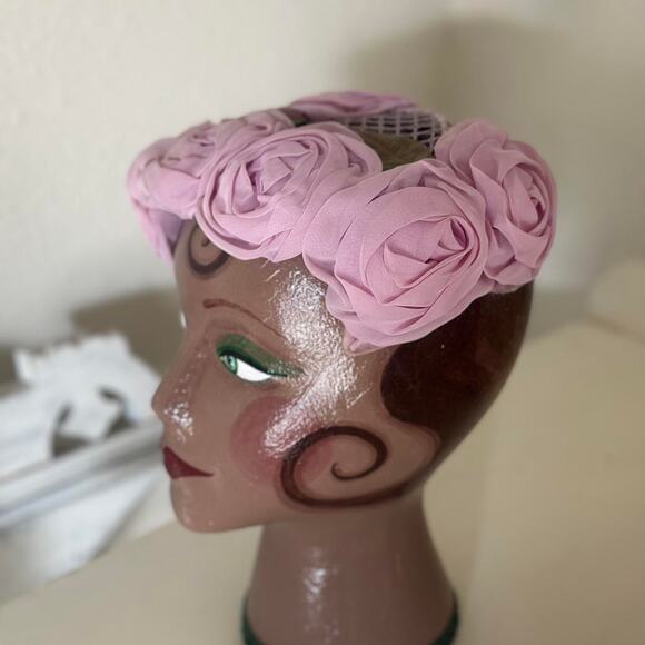 Romantic 1950s Pink Chiffon Rose Hat with Net Base Vintage Floral Millinery - Picture 1 of 3